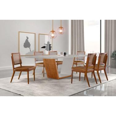 Imagem de Mesa de Jantar Tampo de Madeira Medelim com 6 Cadeiras Veneza Cinamomo Imbuia/Off White