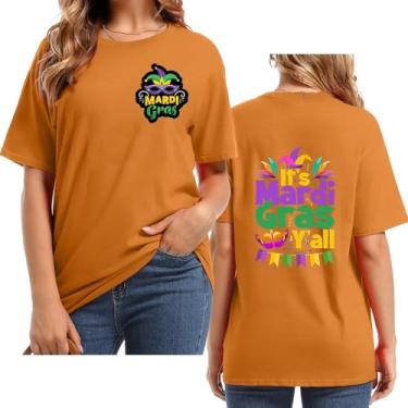 Imagem de UIFLQXX Camiseta feminina It's Mardi Yall com estampa de letras, gola redonda, manga curta, plus size, roupa casual para festa de carnaval, Laranja, 3G