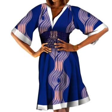 Imagem de XIAOHUAGUA Vestidos africanos para mulheres, casual, gola V, cintura elástica franzida, boho, vestido curto, T3, 3G