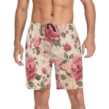 Imagem de CHIFIGNO Calça de pijama masculina, calça de pijama masculina jogger com bolsos e cordão, Flores rosas vintage em bege, G