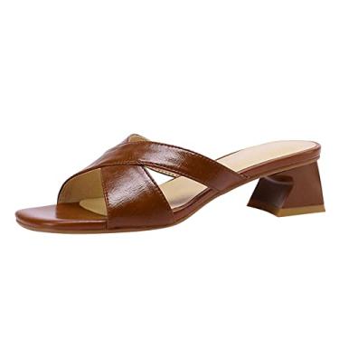 Imagem de Sandálias femininas modernas novas estampas simples cor sólida retrô bico quadrado bico aberto sandálias de salto quadrado tamanho 28 cm feminino, Marrom, 7 3X-Narrow
