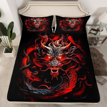 Imagem de Jogo de lençol Queen com dragão vermelho e preto, dragão de chamas brilhantes, 3 peças, para decoração de quarto de crianças, meninos, homens, adultos, animais selvagens, estilo mágico, lençol com