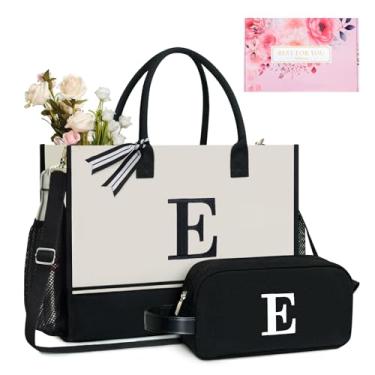 Imagem de TOPDesign Sacola de lona com inicial personalizada com zíper e 5 bolsos, conjunto de presente monograma para mulheres, aniversário dela, Preto e branco, Large