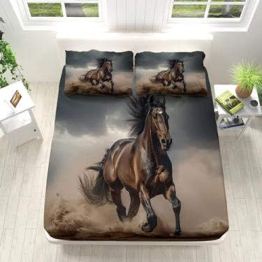 Imagem de Eojctoy Jogo de cama king size - 4 peças - lençol com estampa de cavalo preto - 100% microfibra escovada, lençol com elástico extra profundo de 40,6 cm - Lençóis macios e respiráveis