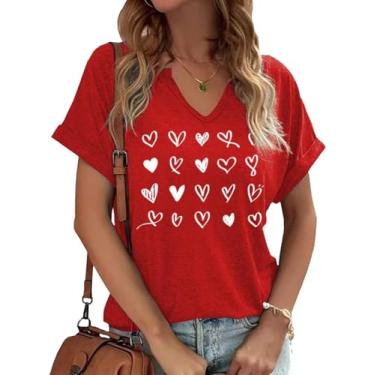 Imagem de Earlymemb Camiseta feminina com estampa de coração e decote em V para o dia dos namorados para casal, casual, de manga curta, para presente, A-vermelho-4, P