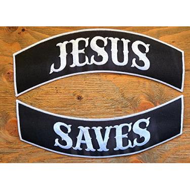 Imagem de KMA Jesus Saves Top & Bottom Rocker Patch 30,5 x 7,5 cm para jaqueta colete de couro, preto