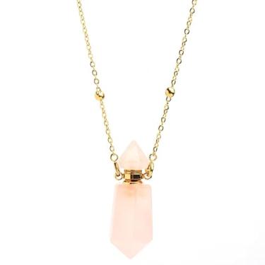 Imagem de QIQIXIN Colar de frasco de perfume de quartzo rosa, colar de aromaterapia, hexagonal, pontiagudo, difusor de óleo essencial para mulheres (quartzo rosa)