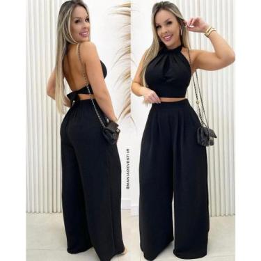 Imagem de Conjunto Feminino Duna Areia Calça Pantalona E Cropped Com Bojo Modelo