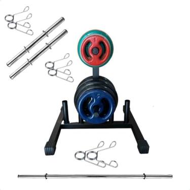 Imagem de Kit Musculação com Suporte + 40 Kg de Anilhas Emborrachadas com Barras