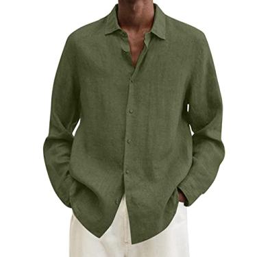 Imagem de Camisetas masculinas de linho gola tartaruga para verão outono manga longa xadrez básica blusa masculina 2024 Y2K, P-649 Verde limão militar, XG