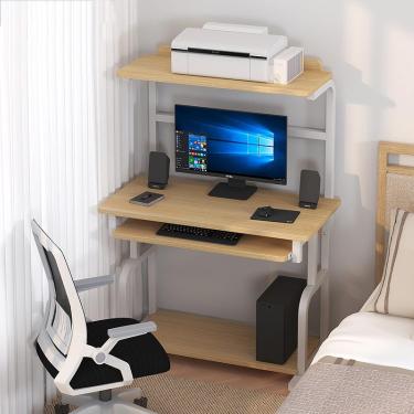 Imagem de Mesa de computador com bandeja de teclado e prateleira de impressora, mesa de computador de estilo simples e moderno, estação de trabalho compacta para laptop para espaços pequenos, natural,