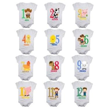 Imagem de Kit 12 Body Bebê Calupa Mesversario Manga Curta Fazendinha 1 A 12 Meses Masculino-Masculino
