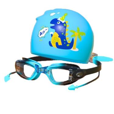 Imagem de Kit Óculos Natação Infantil Com Touca Impermeável Estojo Menino Menina Crianças Piscina Profissional Anti Embaçante Proteção UV Azul Rosa Lilás Desenhos Unicórnio Jacaré (Preto e Azul)