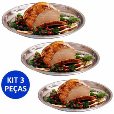 Imagem de Kit 3 Travessa Bandeja Redonda Rasa Inox 25, 30 e 35Cm Porção Bar Restaurantes Cozinha
