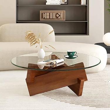 Imagem de Mesa de centro redonda de vidro espesso, mesa de coquetel, mesa de centro moderna de meados do século, mesa de canto abstrata com base de madeira, para sala de estar