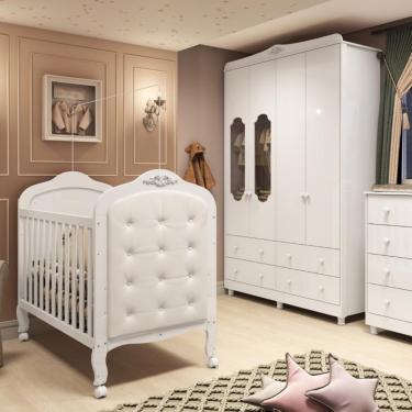 Imagem de Quarto de Bebê com Berço Mini Cama com capitonê e Guarda Roupa 100 MDF Elô New Noah Móveis Peroba - Branco Brilho