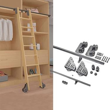 Imagem de Kit de escada de biblioteca rolante com rodas de rolo de piso, trilho de escada móvel de tubo redondo (sem escada), kit de hardware de escada deslizante de biblioteca preta, kit de trilho de