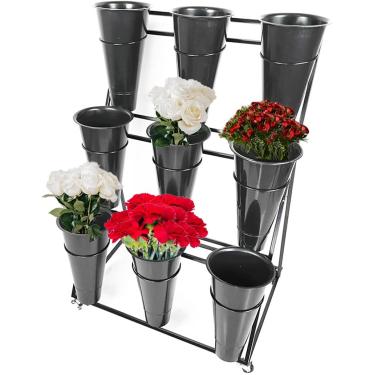 Imagem de Suporte de exibição de flores em escada com baldes, suporte para plantas rolantes sobre rodas, prateleira interna para carrinho de flores ao ar livre para florista, jardim, pátio, balde pret