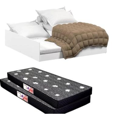 Imagem de Cama Solteiro MDF Bicama Vira Casal Incluso 2 Colchões 3 em 1 Resistente Confortável Sofisticada (Branco)