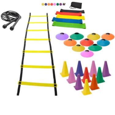 Imagem de Kit Treino Funcional Agilidade Escada 7 Degraus 10 Cones 10 Chapéus 1 Kit 5 Mini Band 1 Corda Pvc