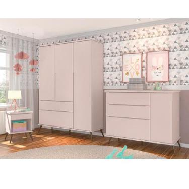 Imagem de Jogo de Quarto Infantil de Bebê Melinda Rosê 100% MDF Roupeiro + Cômod