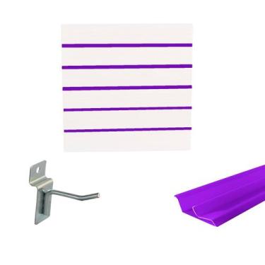 Imagem de Painel Canaletado Branco em Mdf 0,61 x 0,61m com Perfil Pvc Roxo e 20 