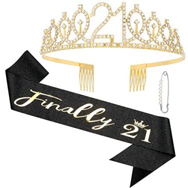 Imagem de Conjunto de faixas pretas de aniversário de 21 anos para meninas "Finally 21" e tiara de coroa dourada com strass para meninas, presentes de 21 anos para lembrancinhas de festa de aniversário de 21 anos