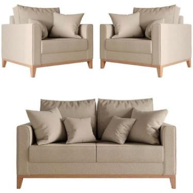 Imagem de Kit Sofá 2 Lugares e 2 Poltronas Beny Base em Madeira Maciça Linho Beg