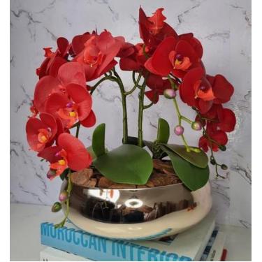 Imagem de Arranjo Com 4 Orquídeas Vermelha Vaso Dourado 28cm - FLORESCER DECOR
