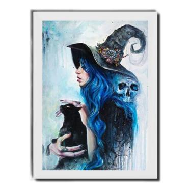 Imagem de Quadro Bruxa Natural Gato Preto Sabedoria Moldura Branca - Fanarte