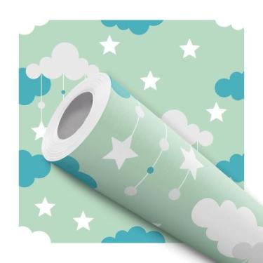 Imagem de Papel De Parede Adesivo Lavável Infantil Nuvem Estrelas Fundo Verde - 