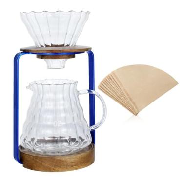 Imagem de SOTECH Suporte para Gotejador de Café com Suporte de Metal, Suporte para Filtro de Madeira, Servidor de Vidro com Filtros de Papel para Café, Conjunto de Suporte para Cafeteira para Café, Chá e Açafrã