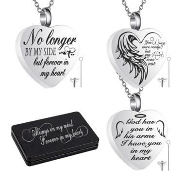 Imagem de Hongvchang Pacote com 3 colares de urna de coração para cinzas – Joias de cremação em memória de medalhão de prata, urnas de aço inoxidável, pingente de lembrança com diferentes palavras e funil (3