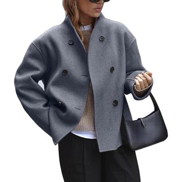 Imagem de Casaco feminino duplo breasted casual mistura de lã de inverno jacet gola manga comprida casacos de ervilha, cinza, M