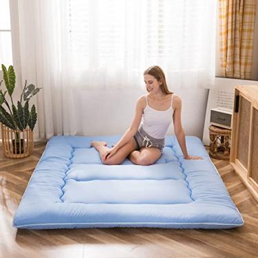 Imagem de MAXYOYO Colchão de chão japonês futon, almofada de dormir espessa almofada de colchão dobrável espreguiçadeira cama meninos meninas dormitório almofada de colchão azul poeira, tamanho solteiro