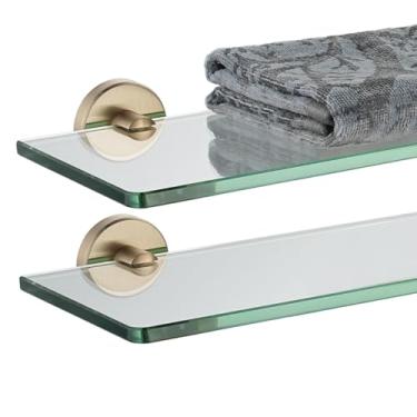 Imagem de JQK Prateleira de vidro para banheiro, armazenamento de chuveiro de vidro temperado 40,6 x 12,7 cm, aço inoxidável 304, suporte de parede bronze champanhe, pacote com 2, TGS101L16-CB-P2