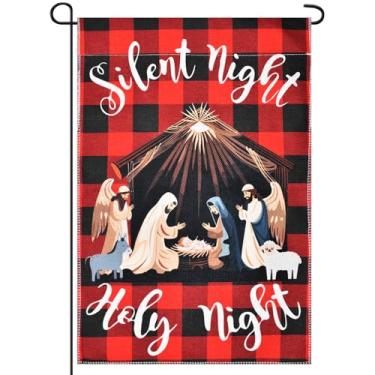 Imagem de 30,5 x 45,7 cm Bandeira de jardim noite sagrada noite silenciosa - Presépio de dupla face com fundo xadrez búfalo bandeira de quintal decoração de Natal cristã interior ao ar livre para decoração de