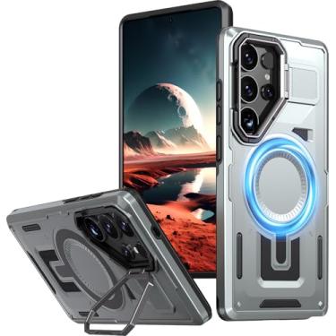 Imagem de Mephoro Capa superprotetora para Samsung S Series, com suporte magnético sem fio, proteção para câmera e suporte, prata