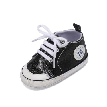 Imagem de Sapatos de lona para bebês recém-nascidos, meninos e meninas, sola macia, tênis para primeiros passos sem cadarço, mocassins de brim unissex de cano alto, B/Preto, 12-18 Months Toddler