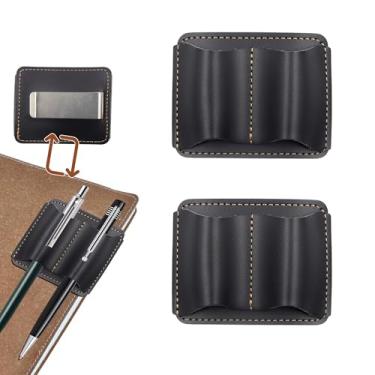 Imagem de ORNAROVI 2 porta-canetas de couro para cadernos, 6 x 5,8 cm feito à mão com clipe, compartimento duplo para caneta, para diário, livro, prancheta (preto)