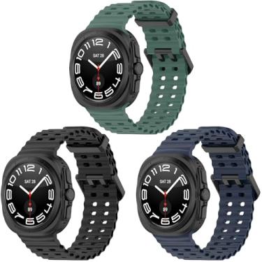 Imagem de QIEMUTER Pacote com 3 pulseiras de reposição para Samsung Galaxy Watch Ultra de 47 mm, pulseira esportiva de silicone macio oceânico para Galaxy Watch 7 Ultra, mulheres e homens (azul + verde + preto)