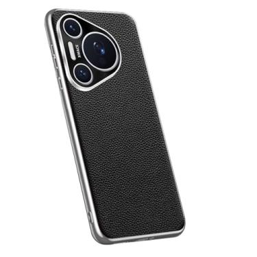 Imagem de LYJSMGZ Capa clássica para Huawei Pura 70 Ultra/70 Pro/70 Pro+/70, capa galvanizada de couro de vaca com textura de lichia, à prova de choque, capa slim fit, preta, 70 Pro+