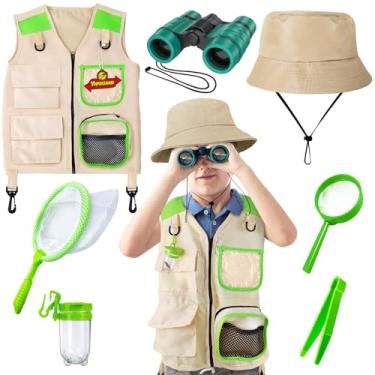 Imagem de YOPINSAND Kit de exploração infantil com colete, chapéu e binóculos para crianças, equipamento de campismo infantil com kit de exploração de besouro, ótimo brinquedo para