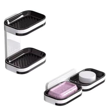 Imagem de Saboneteira de Parede Dupla com Suporte Adesivo, Preto e Branco, Organizador para Banheiro