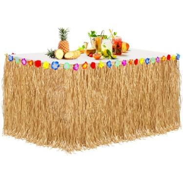 Imagem de Aodaer Saia de mesa de grama espessa natural com flores de hibisco 400 g havaiano luau decoração de festa tropical decoração de festa com franjas para fantasia Tiki Tropical Havaí Moana aniversário,