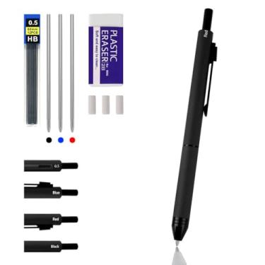 Imagem de Caneta esferográfica multifuncional 4 em 1, recarregável e retrátil, preta, vermelha, azul e lápis multicolorido de 0,5 mm, caneta multicolorida com caixa de presente de metal (preto)