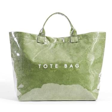 Imagem de Lushandy Sacola feminina de PVC com estampa de letras, sacola grande de papel kraft, bolsa de transporte com alça superior, bolsa Hobo transparente, Verde grama, 13.19 x 5.71 11.81 inches