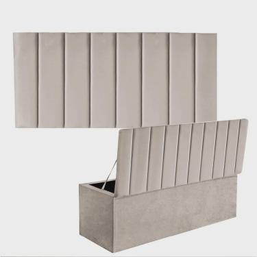 Imagem de Kit Painel Cabeceira Estofada e Calçadeira Baú Recamier Carla 140cm Casal Padrão Corino Bege - Ahz Móveis