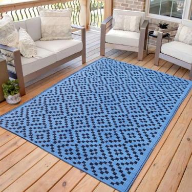 Imagem de Tiita Tapete externo impermeável 1,5 x 2,8 m, tapete de pátio tapete de acampamento tapete externo de palha de plástico para varanda deck piquenique praia, azul