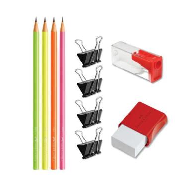 Imagem de Kit escolar com lápis + apontador + borracha + marca texto Faber-Caste